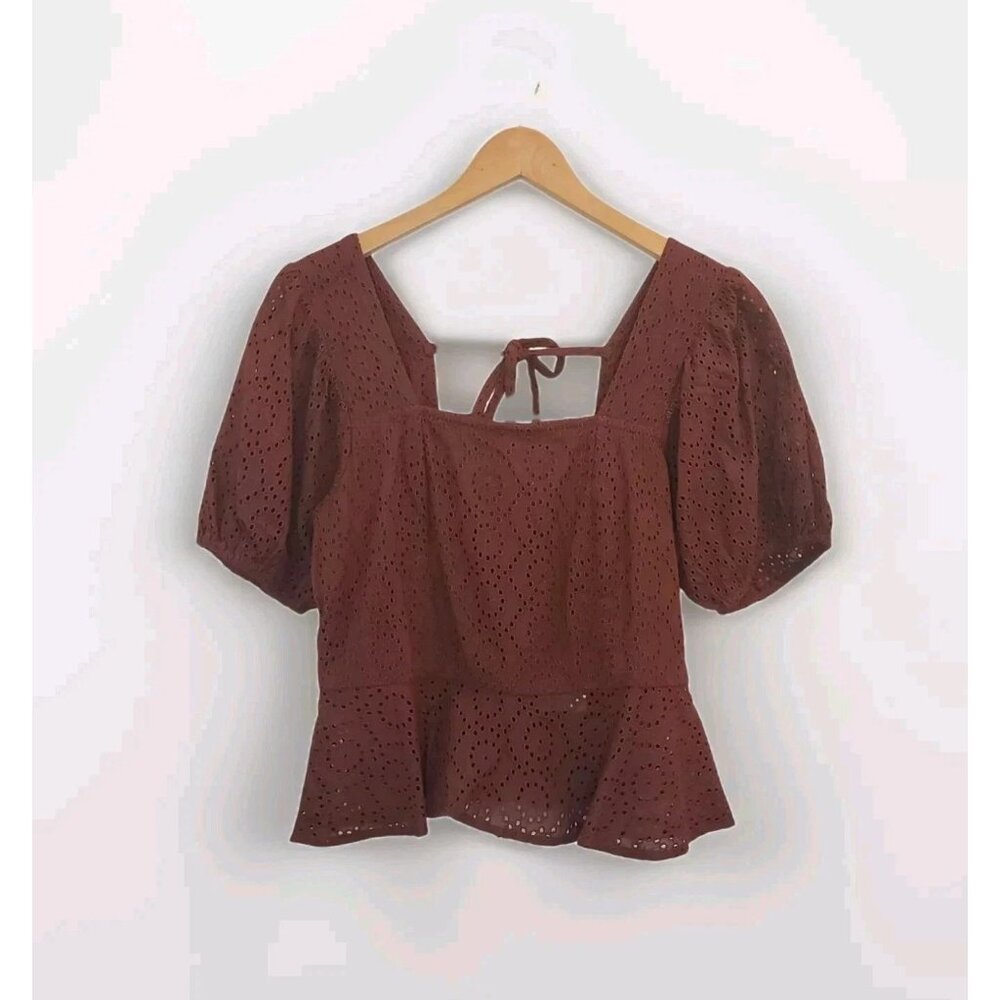 BOG Band Of The Free Eyelet Crop Top Women Medium Walnut Brown Boho Puff Sleeves - Picture 1 of 16